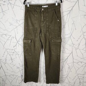 Zara Army Green Cotton Denim High Rise Straight Leg Cargo Jeans